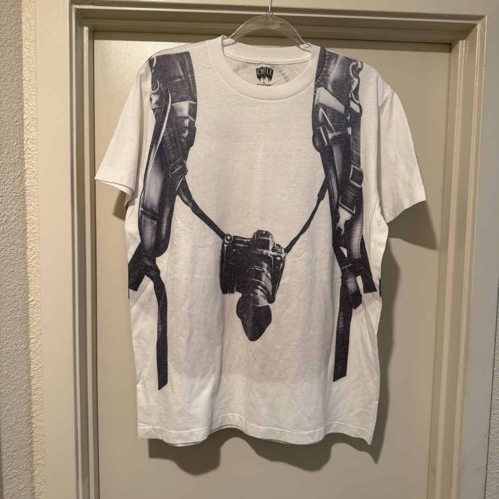 White T-Shirt with Camera/backpacker Print - Vintage Unique